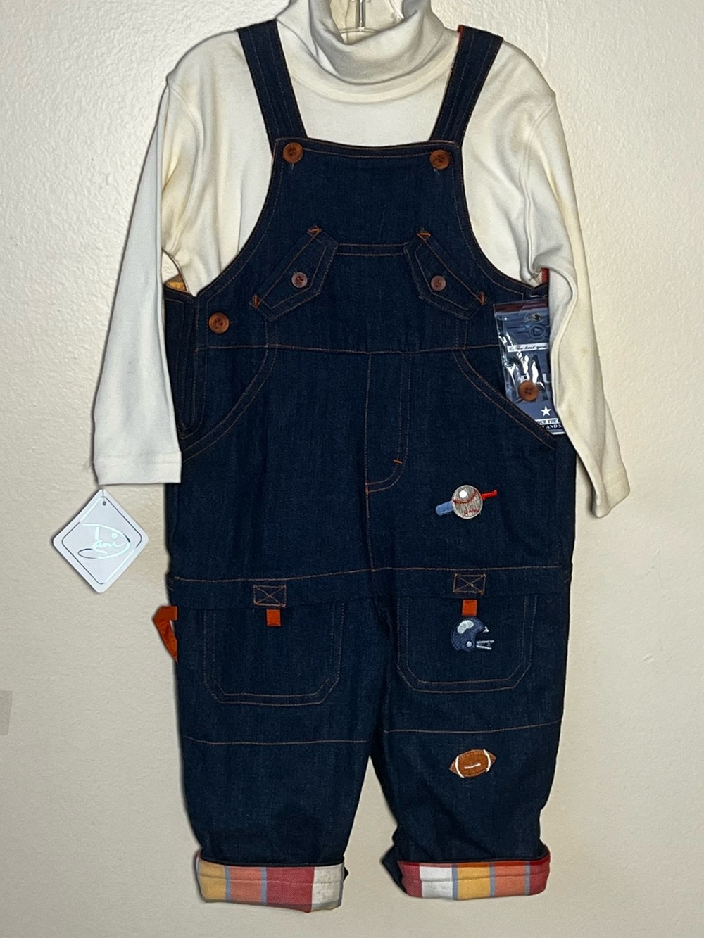 VTG Dani Kids Denim Sports Themed Overalls in Dark Blue with Cream Shirt 18M